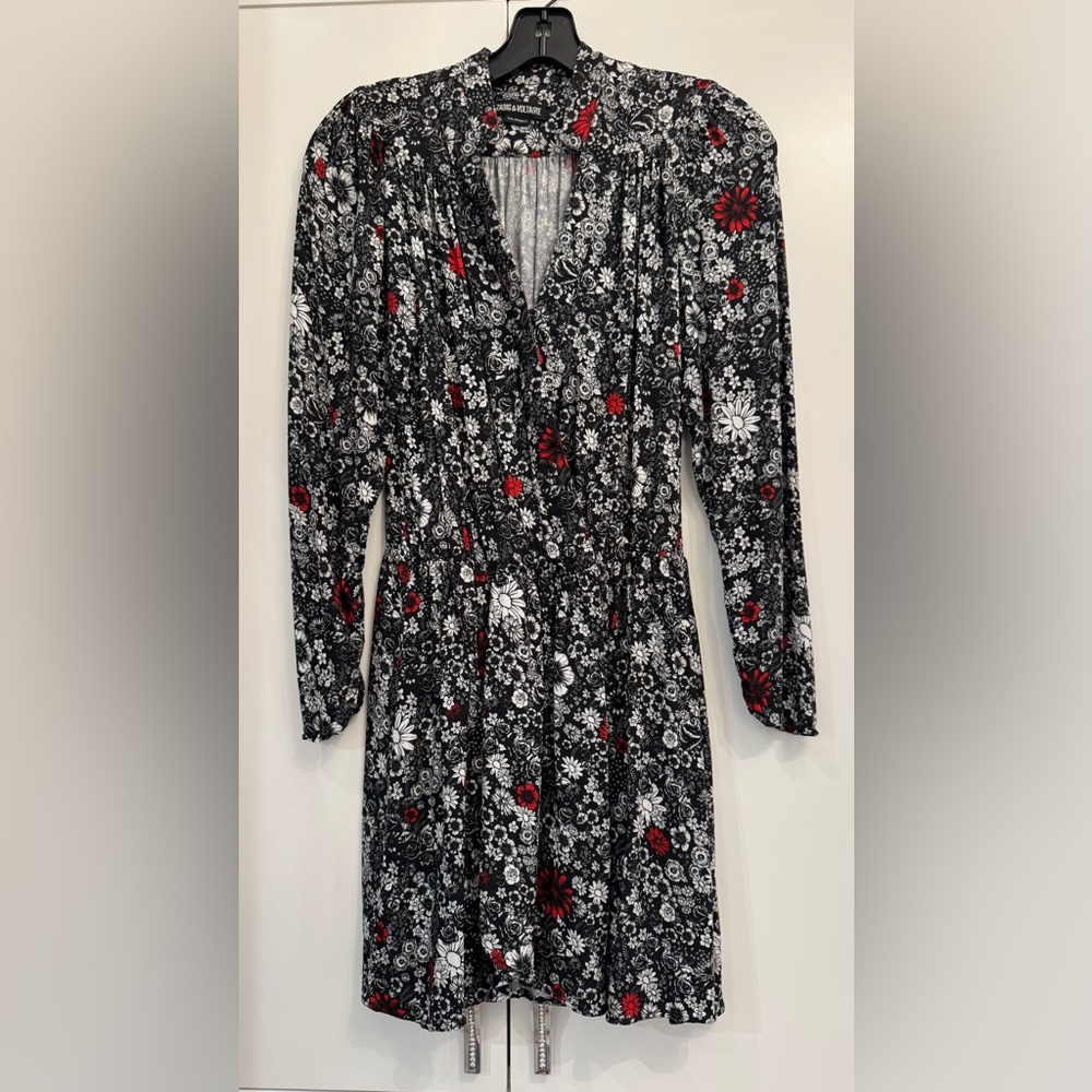 Zadig and Voltaire Faux-Wrap Mini Dress, Black/White Floral w Red Accents, Sz S